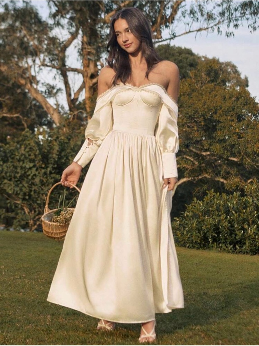 Off-Shoulder Long Sleeve Cream Maxi Dress